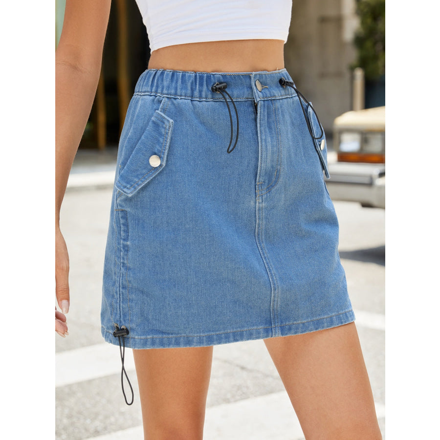 Drawstring Denim Skirt with Pockets Apparel and Accessories