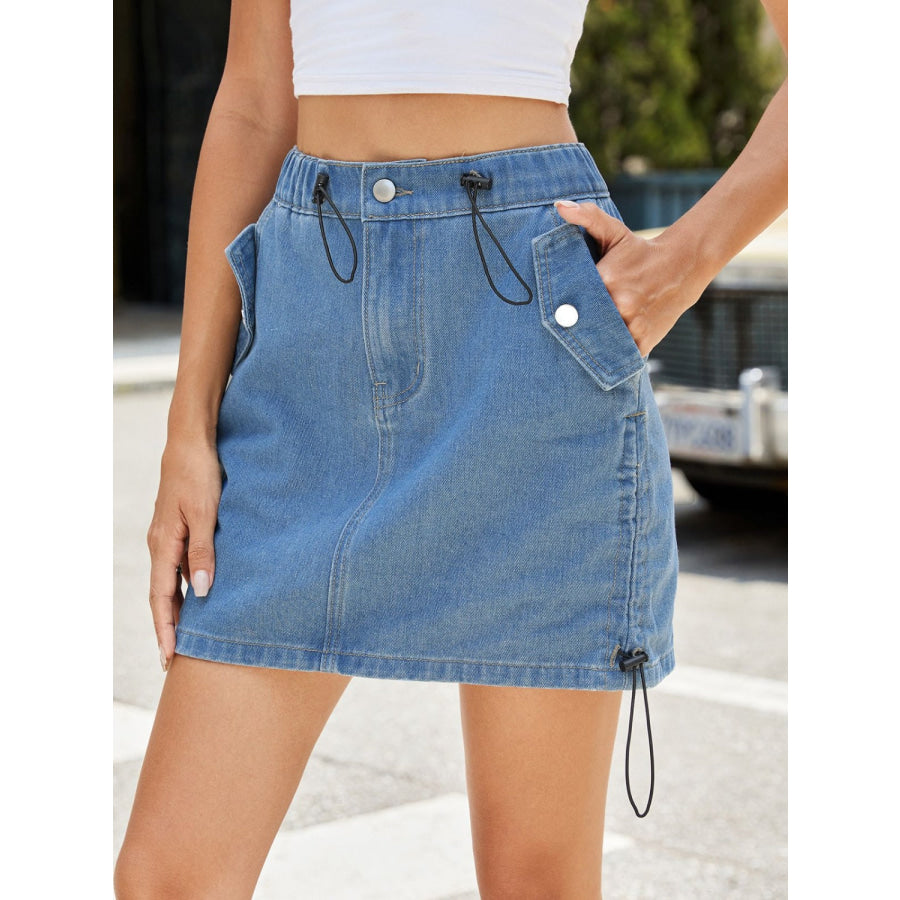 Drawstring Denim Skirt with Pockets Apparel and Accessories