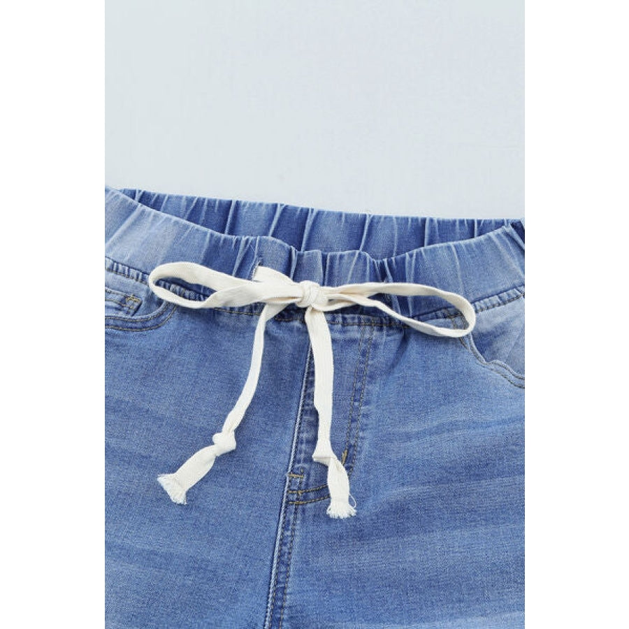 Drawstring Distressed Raw Hem Jeans with Pockets Clothing