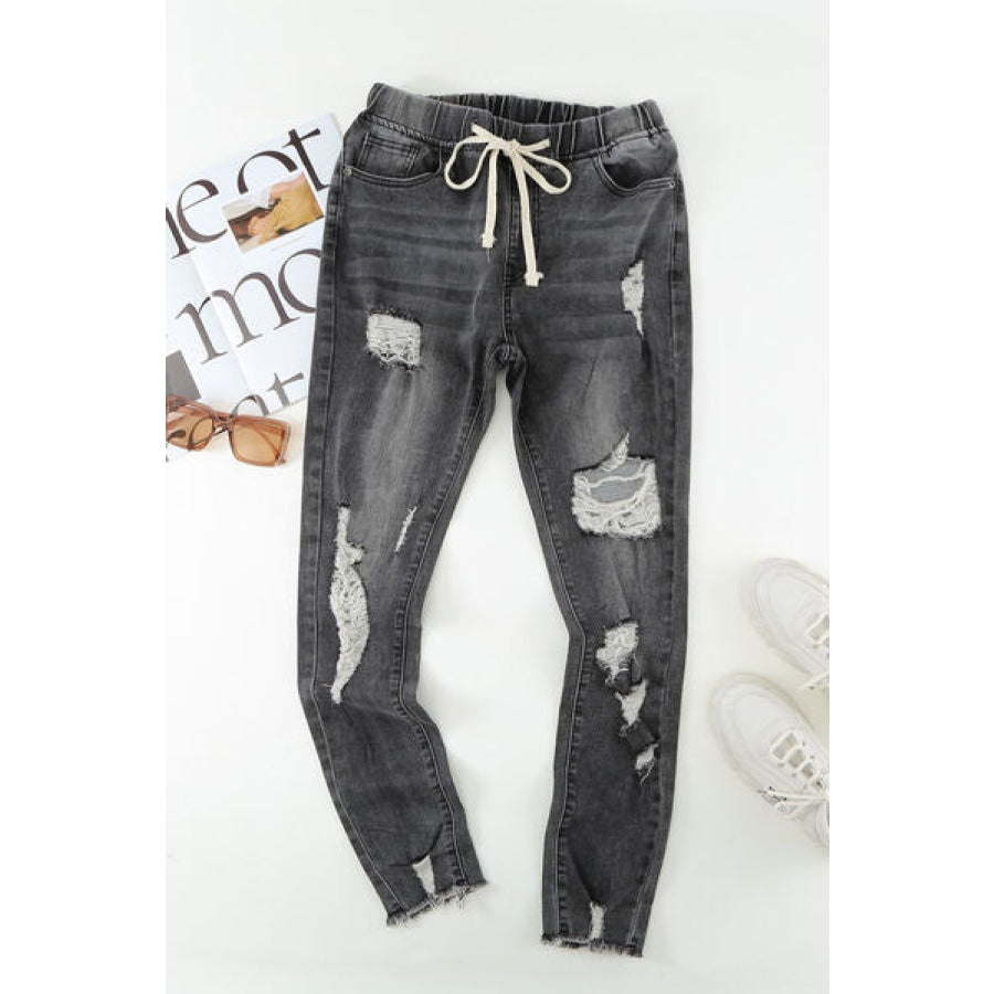 Drawstring Distressed Raw Hem Jeans with Pockets Clothing