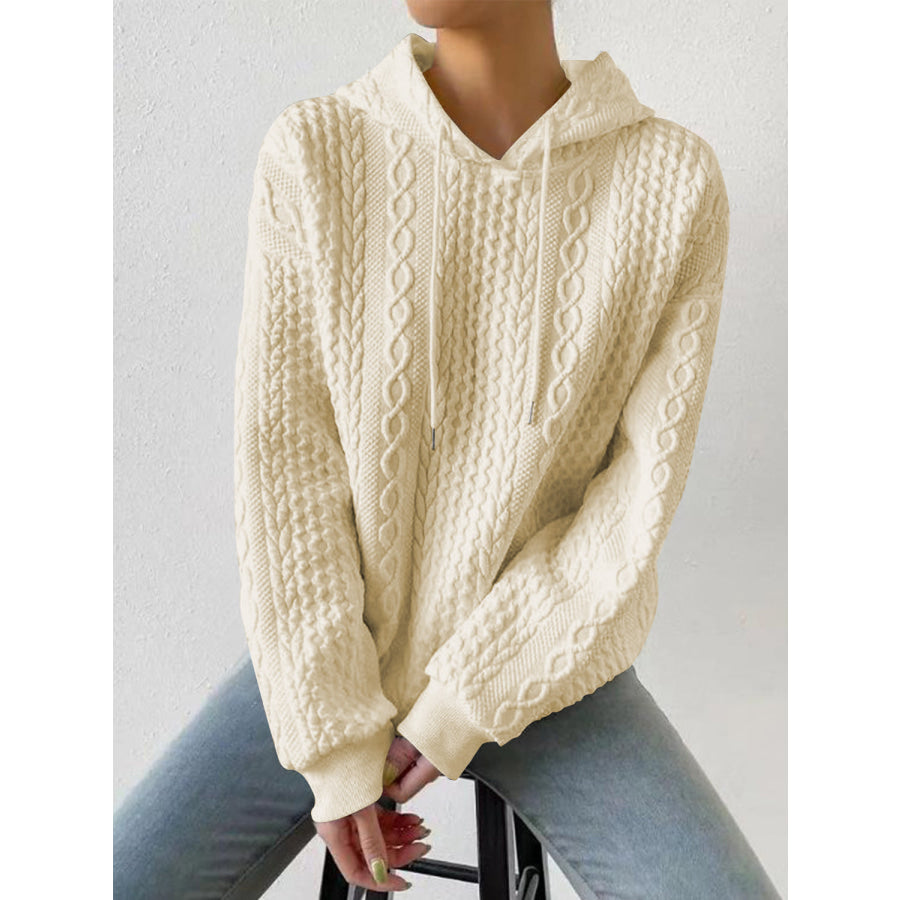 Drawstring Drop Shoulder Long Sleeve Hoodie Beige / S Apparel and Accessories