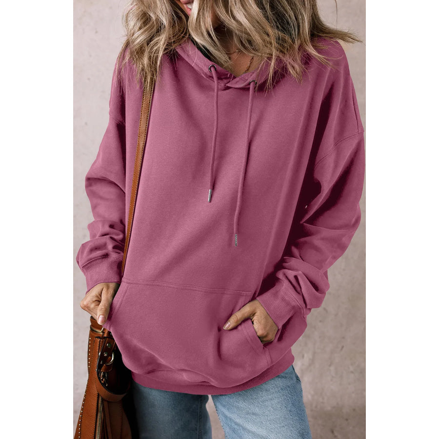 Drawstring Dropped Shoulder Long Sleeve Hoodie Apparel and Accessories