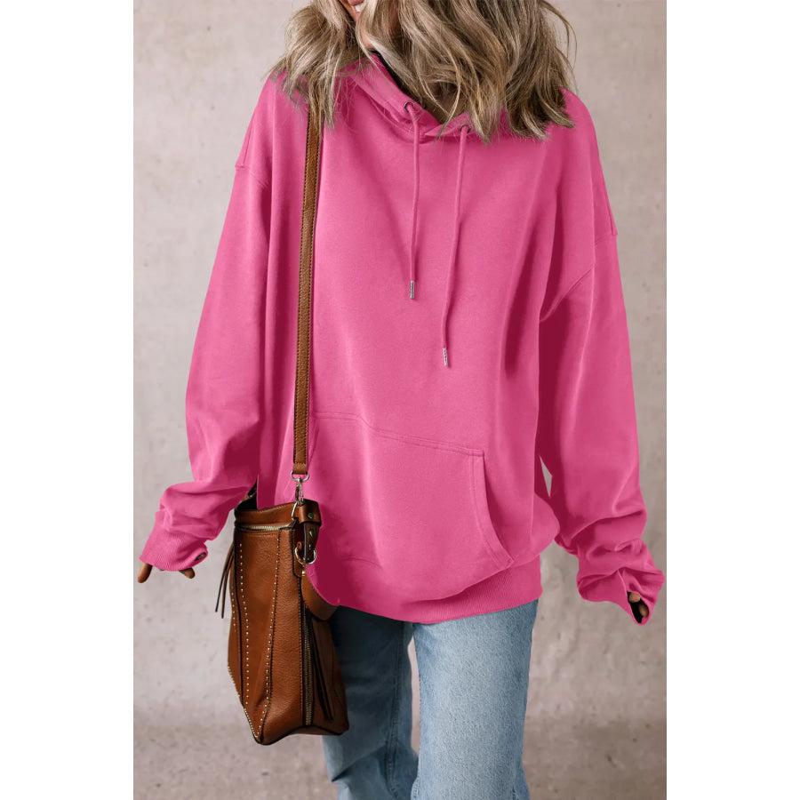 Drawstring Dropped Shoulder Long Sleeve Hoodie Fuchsia Pink / S Apparel and Accessories