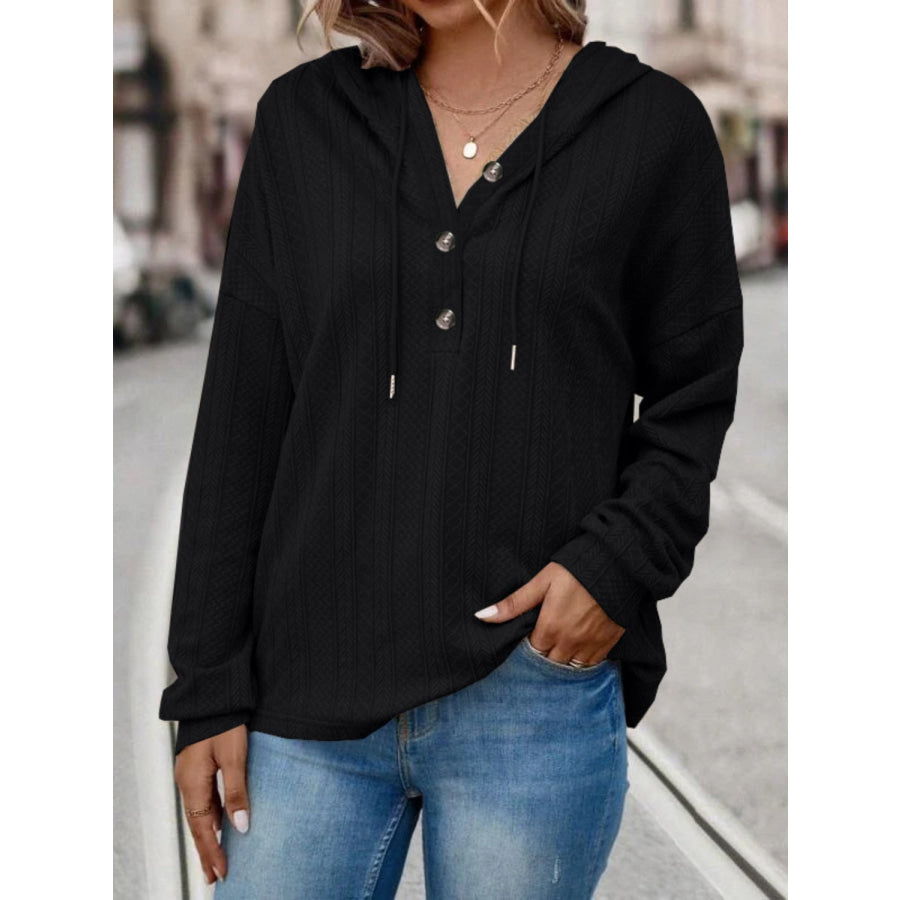 Drawstring Dropped Shoulder Long Sleeve Hoodie Black / S Apparel and Accessories