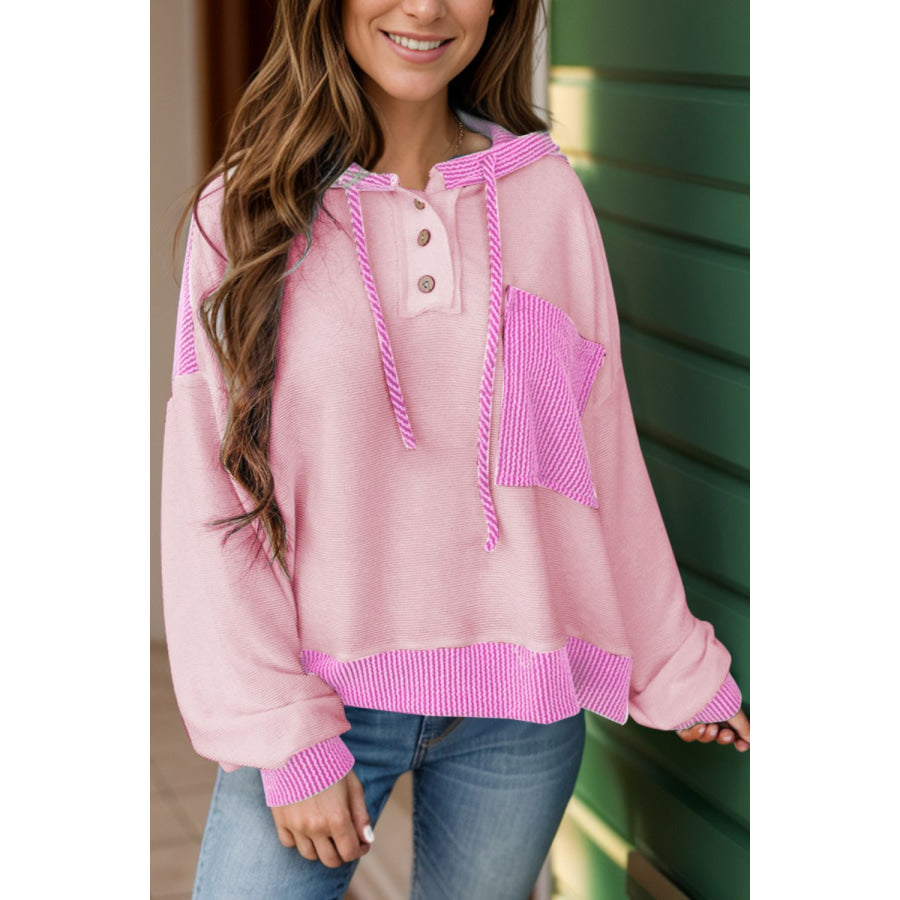 Drawstring Dropped Shoulder Long Sleeve Hoodie Blush Pink / M Apparel and Accessories