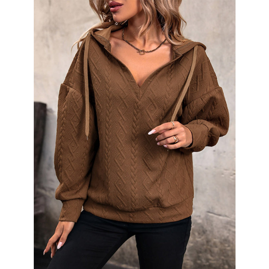 Drawstring Dropped Shoulder Long Sleeve Hoodie Brown / S Apparel and Accessories