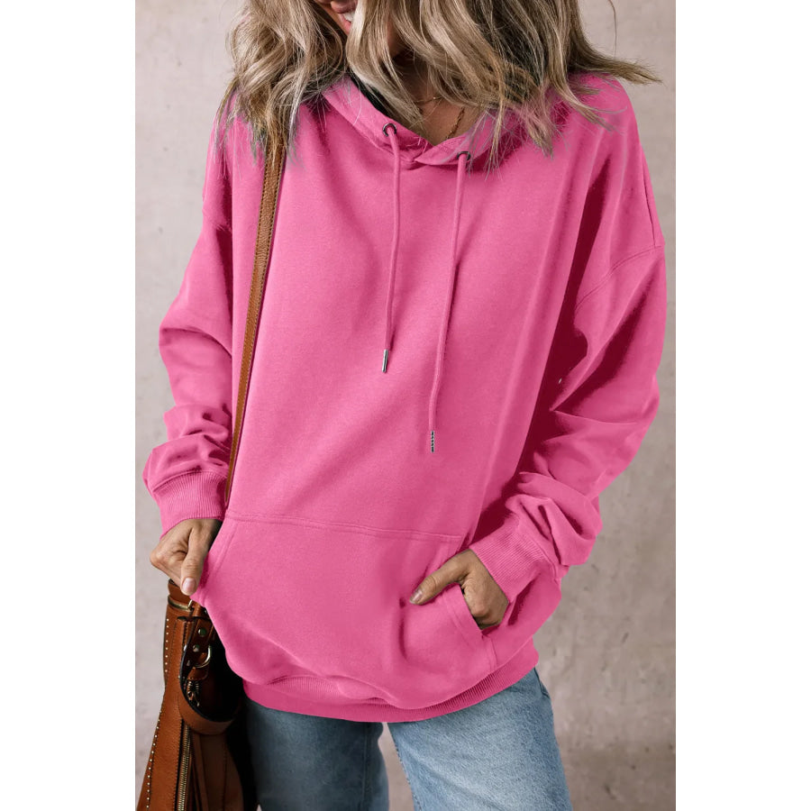 Drawstring Dropped Shoulder Long Sleeve Hoodie Fuchsia Pink / S Apparel and Accessories