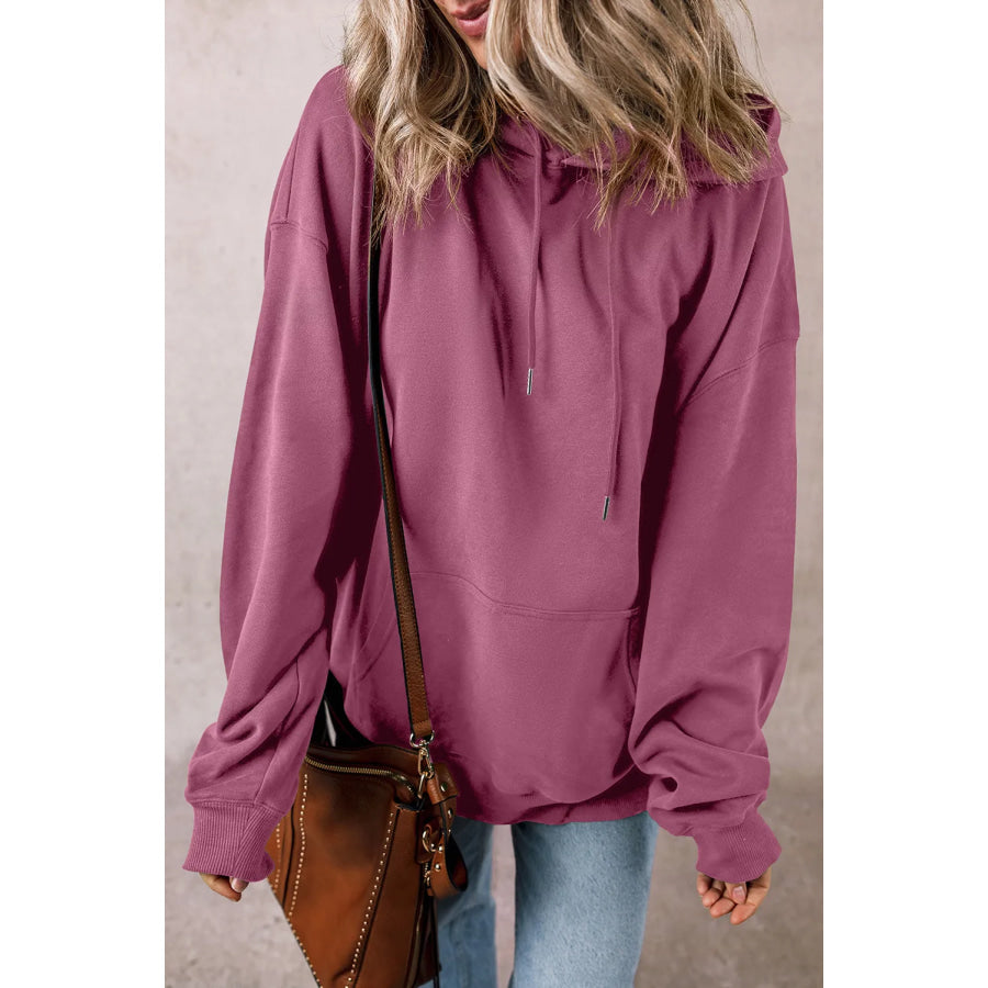 Drawstring Dropped Shoulder Long Sleeve Hoodie Moonlit Mauve / S Apparel and Accessories