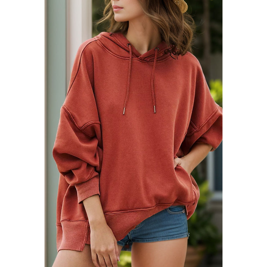 Drawstring Dropped Shoulder Long Sleeve Hoodie Rust / S Apparel and Accessories