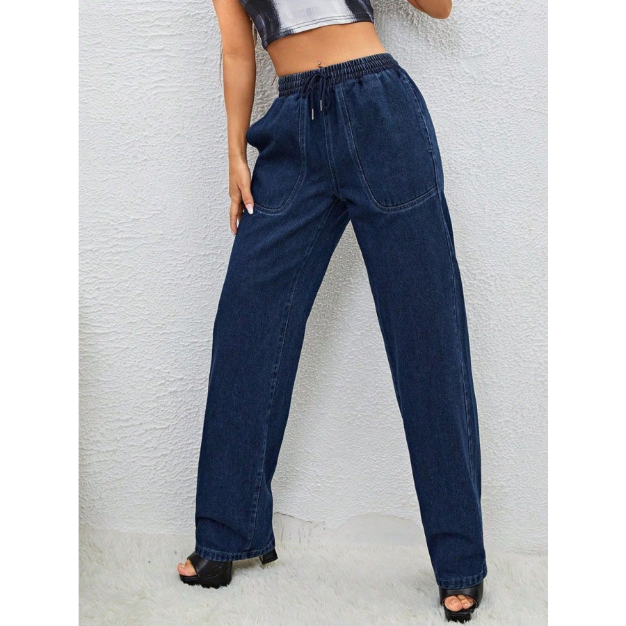 Drawstring Elastic Waist Jeans with Pockets Apparel and Accessories