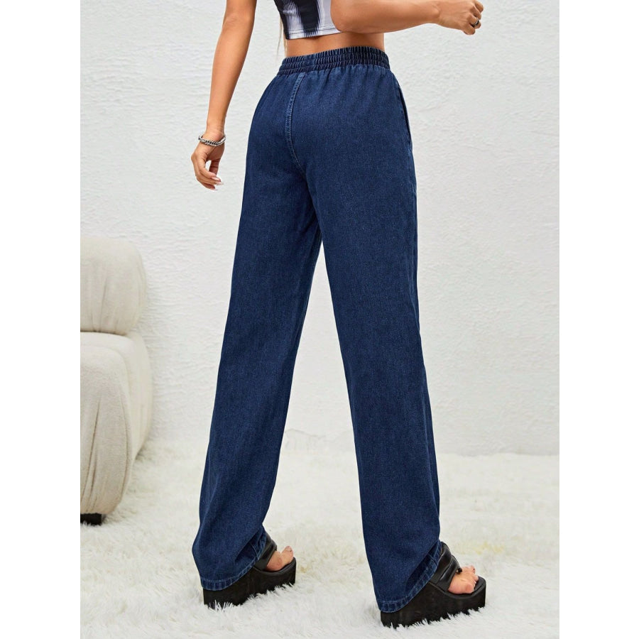 Drawstring Elastic Waist Jeans with Pockets Apparel and Accessories