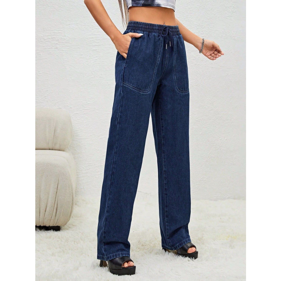 Drawstring Elastic Waist Jeans with Pockets Apparel and Accessories