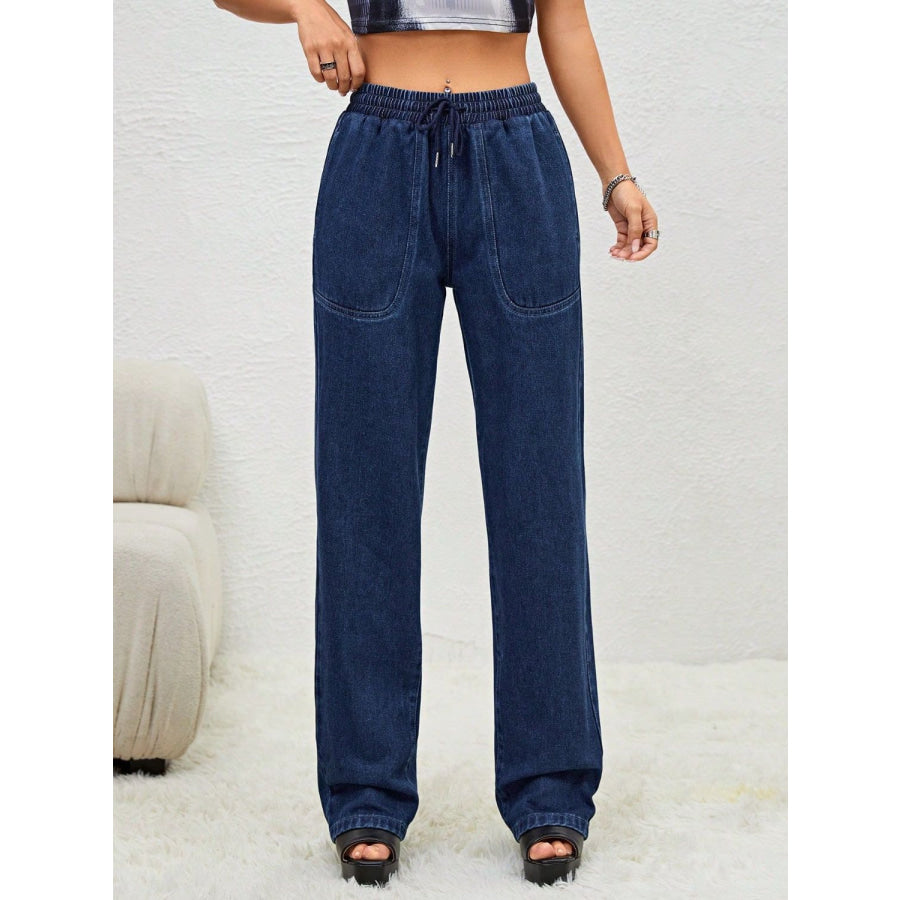 Drawstring Elastic Waist Jeans with Pockets Apparel and Accessories