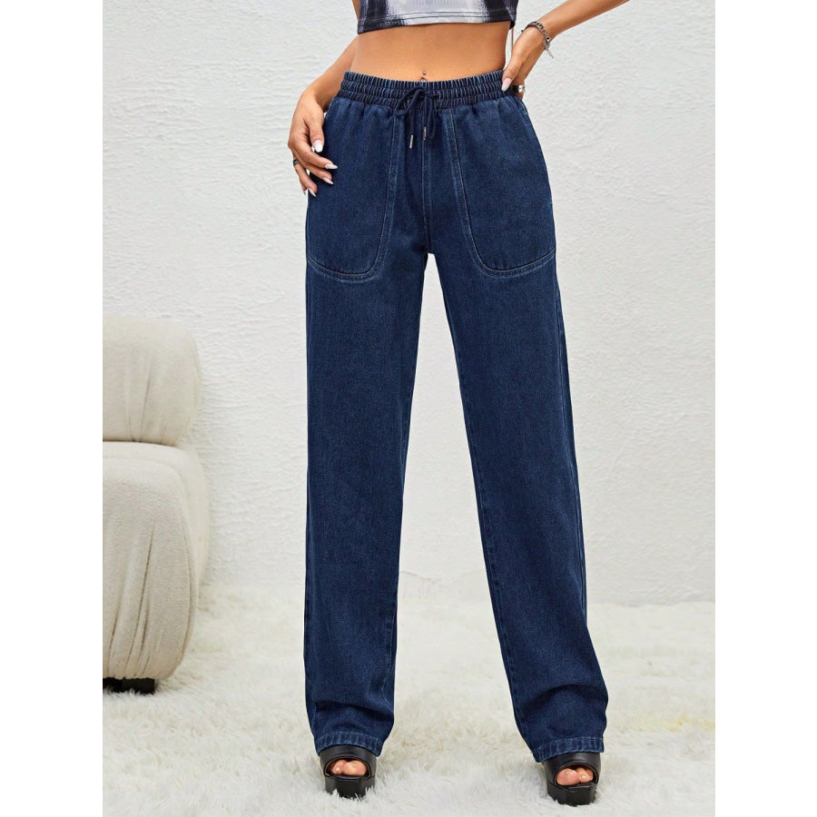 Drawstring Elastic Waist Jeans with Pockets Apparel and Accessories