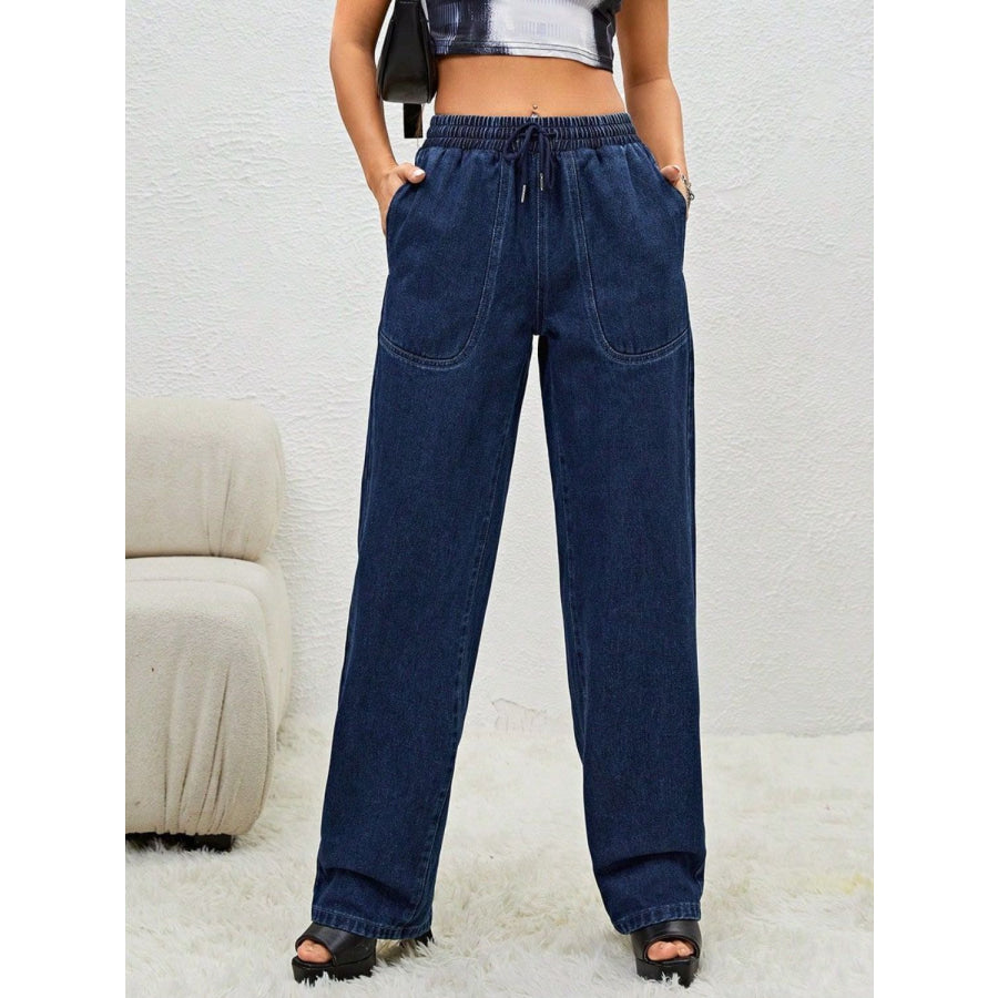 Drawstring Elastic Waist Jeans with Pockets Dark / XS Apparel and Accessories