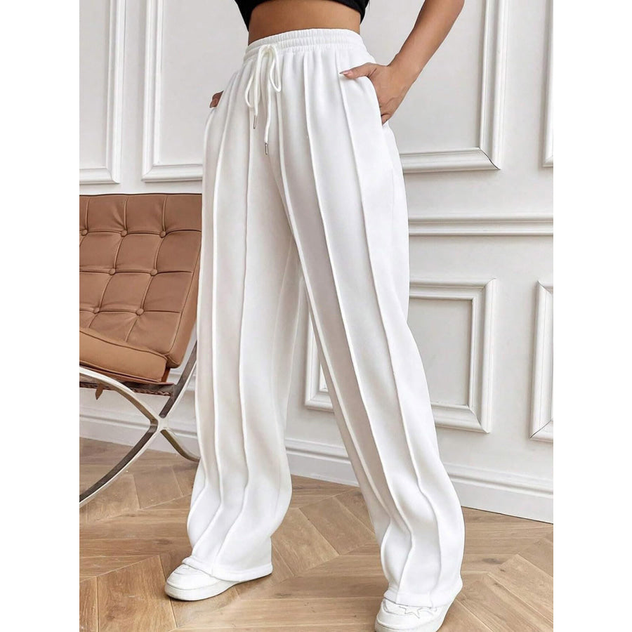 Drawstring Elastic Waist Pants with Pockets White / XS Apparel and Accessories