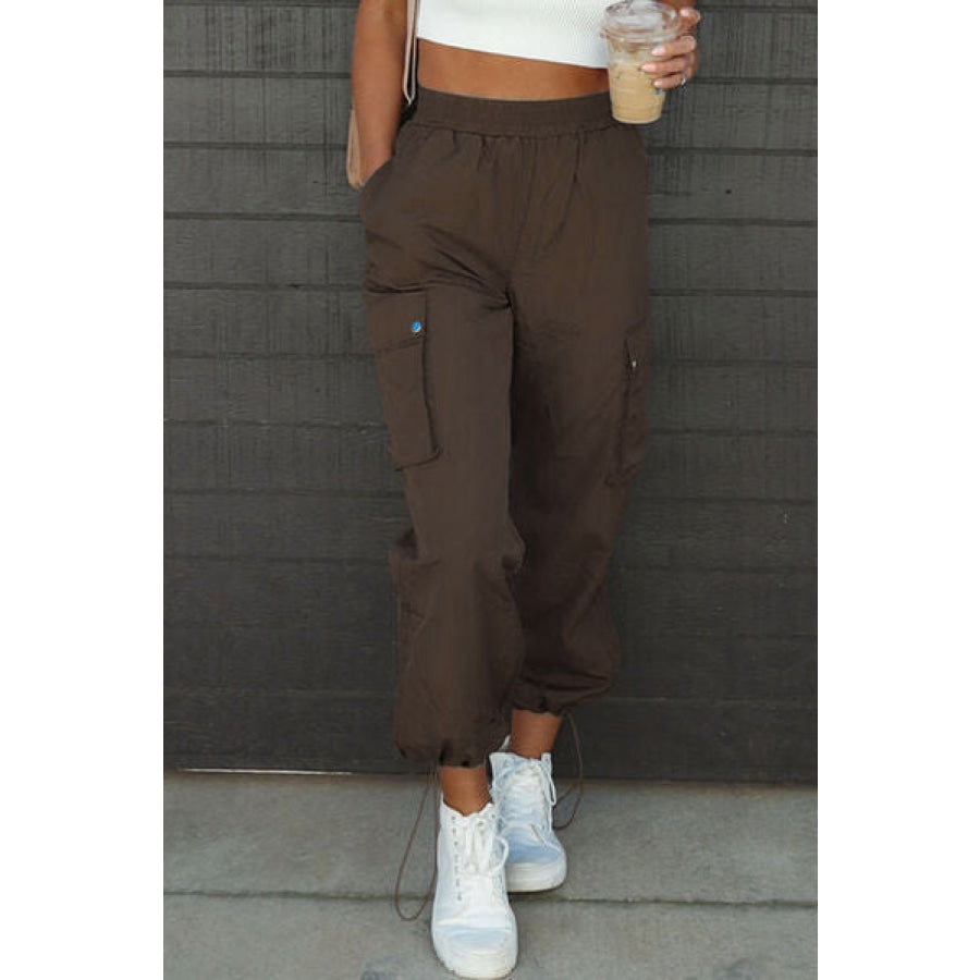 Drawstring Elastic Waist Pants with Pockets Coffee Brown / S Clothing