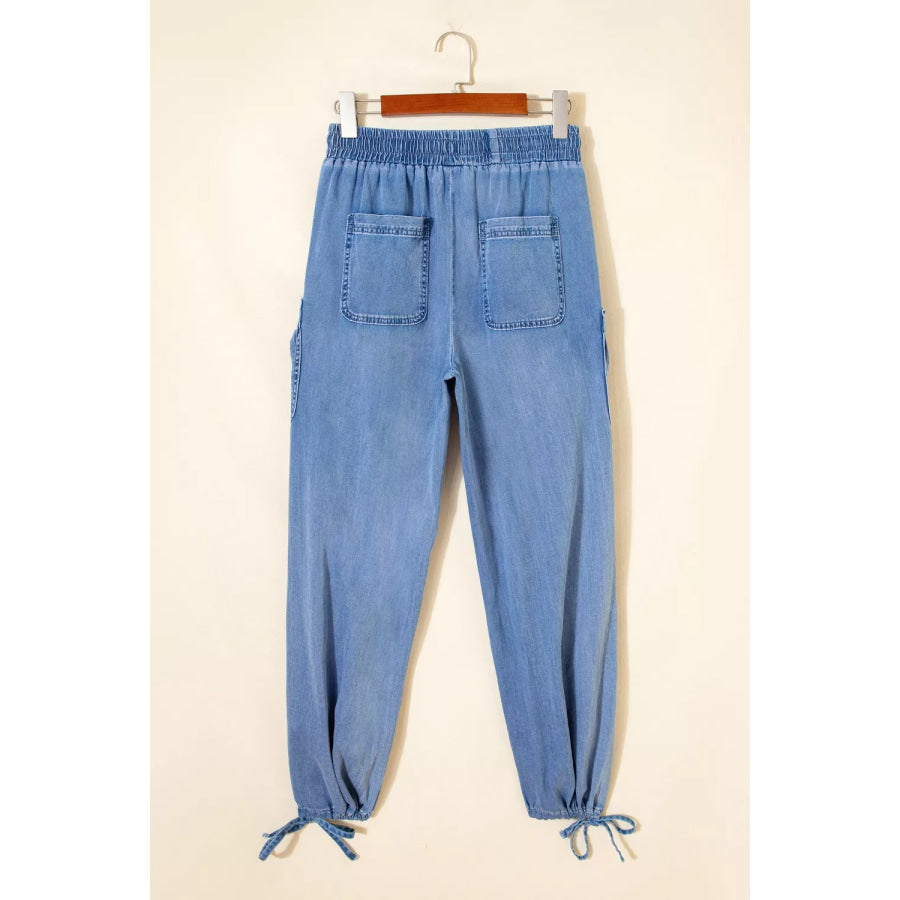 Drawstring Elastic Waist Pocketed Loose Jeans Apparel and Accessories