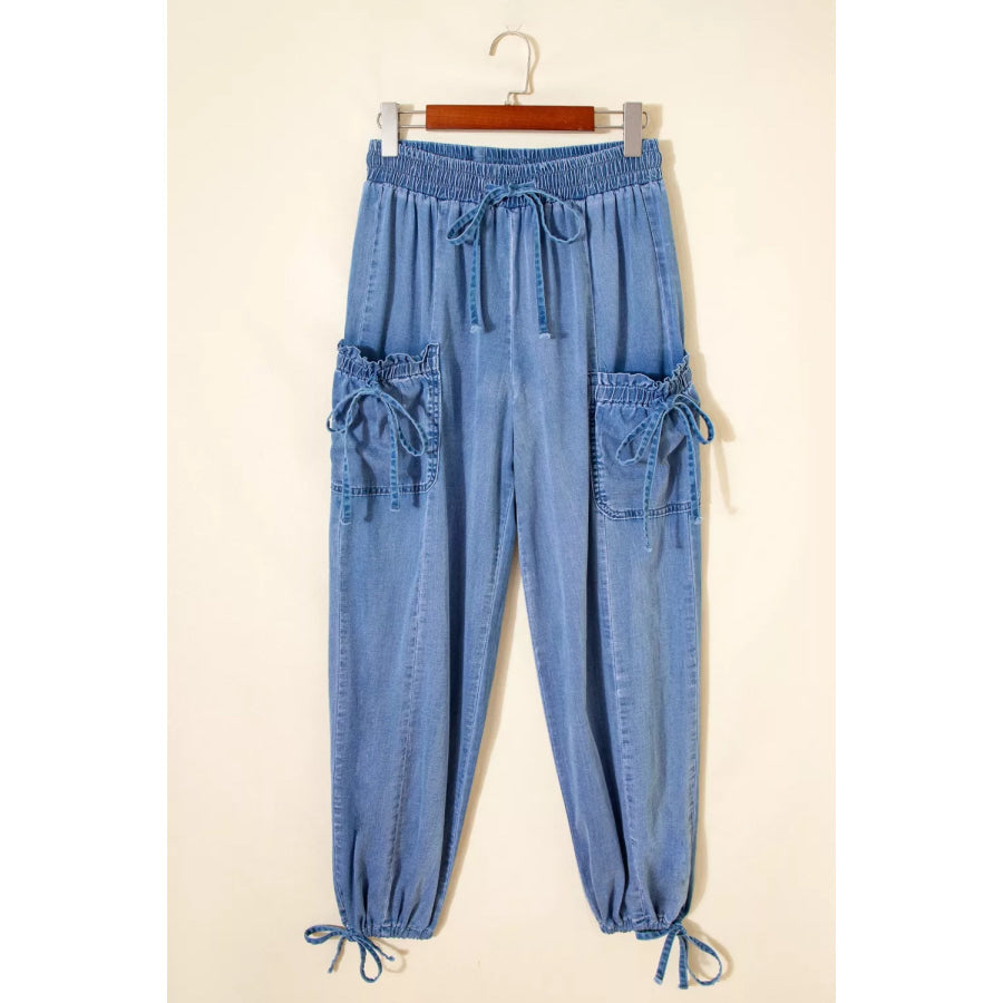 Drawstring Elastic Waist Pocketed Loose Jeans Apparel and Accessories