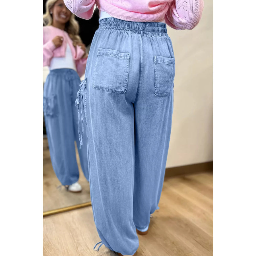 Drawstring Elastic Waist Pocketed Loose Jeans Apparel and Accessories