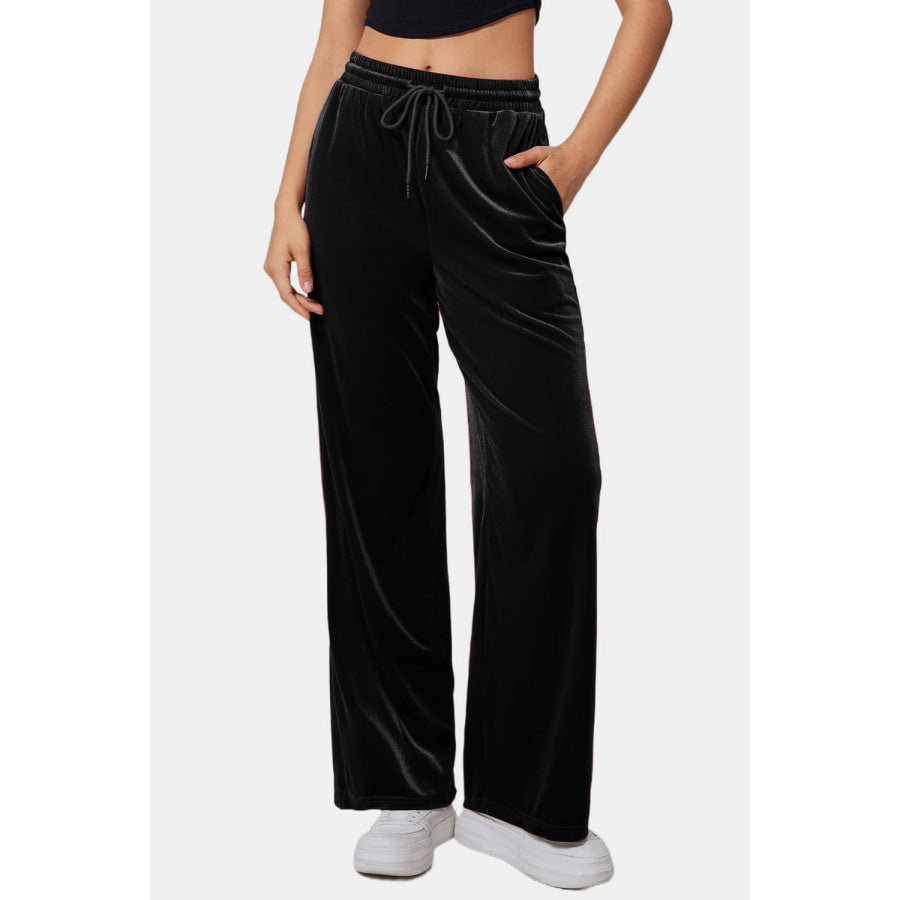 Drawstring Elastic Waist Straight Leg Pants Black / S Apparel and Accessories