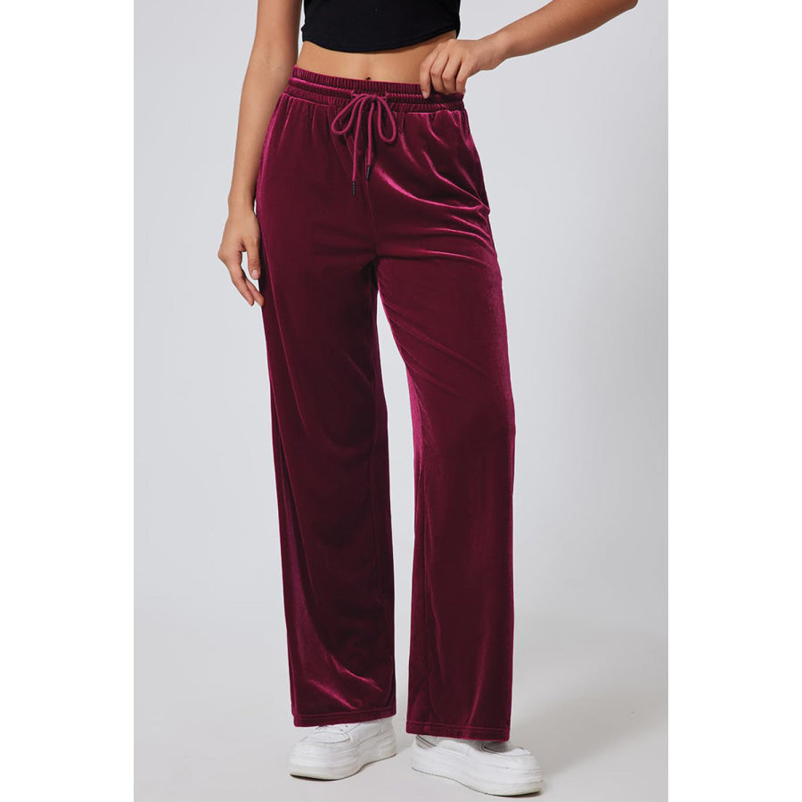 Drawstring Elastic Waist Straight Leg Pants Burgundy / S Apparel and Accessories