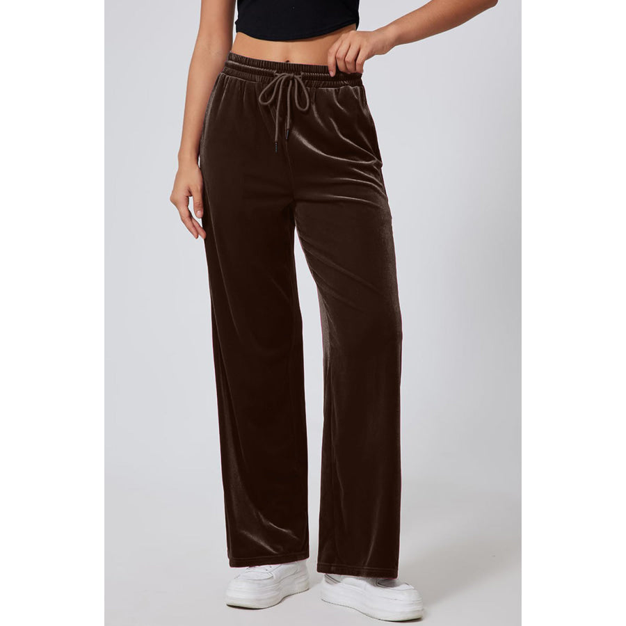 Drawstring Elastic Waist Straight Leg Pants Coffee Brown / S Apparel and Accessories