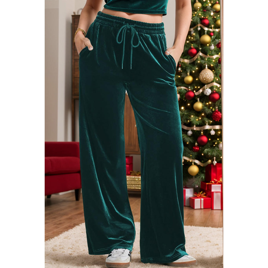 Drawstring Elastic Waist Straight Leg Pants Dark Green / S Apparel and Accessories