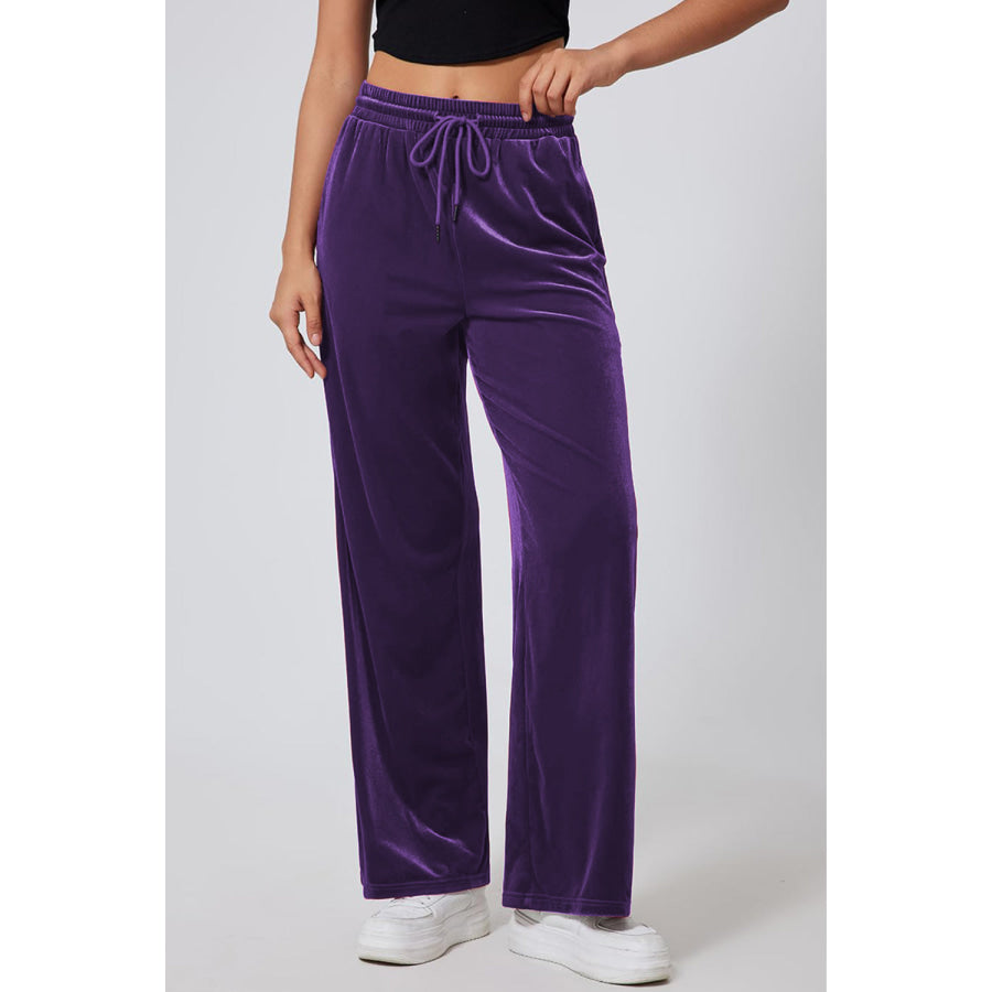 Drawstring Elastic Waist Straight Leg Pants Violet / S Apparel and Accessories