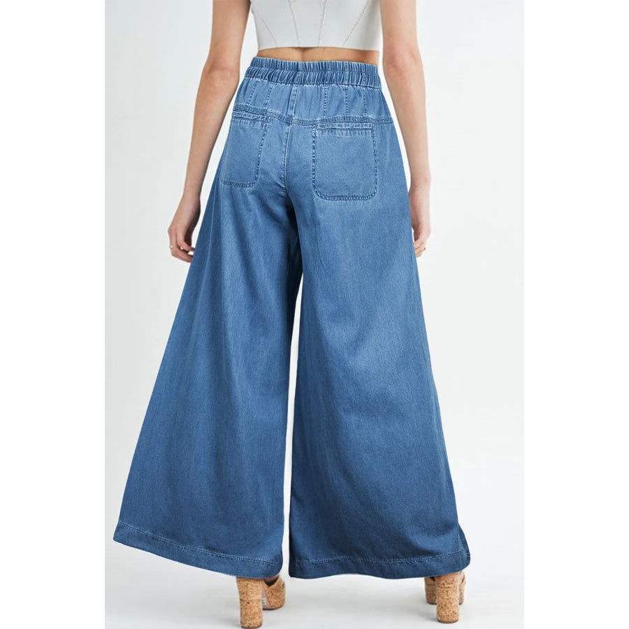 Drawstring Elastic Waist Wide Leg Jeans Apparel and Accessories