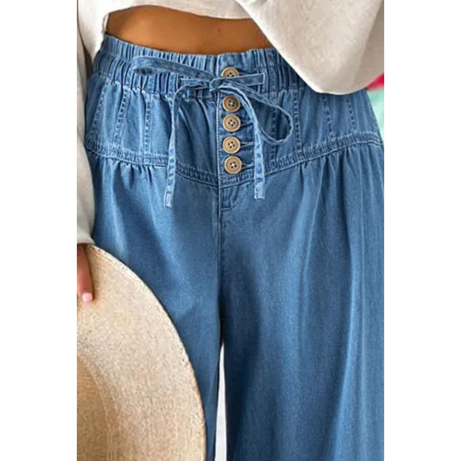 Drawstring Elastic Waist Wide Leg Jeans Apparel and Accessories