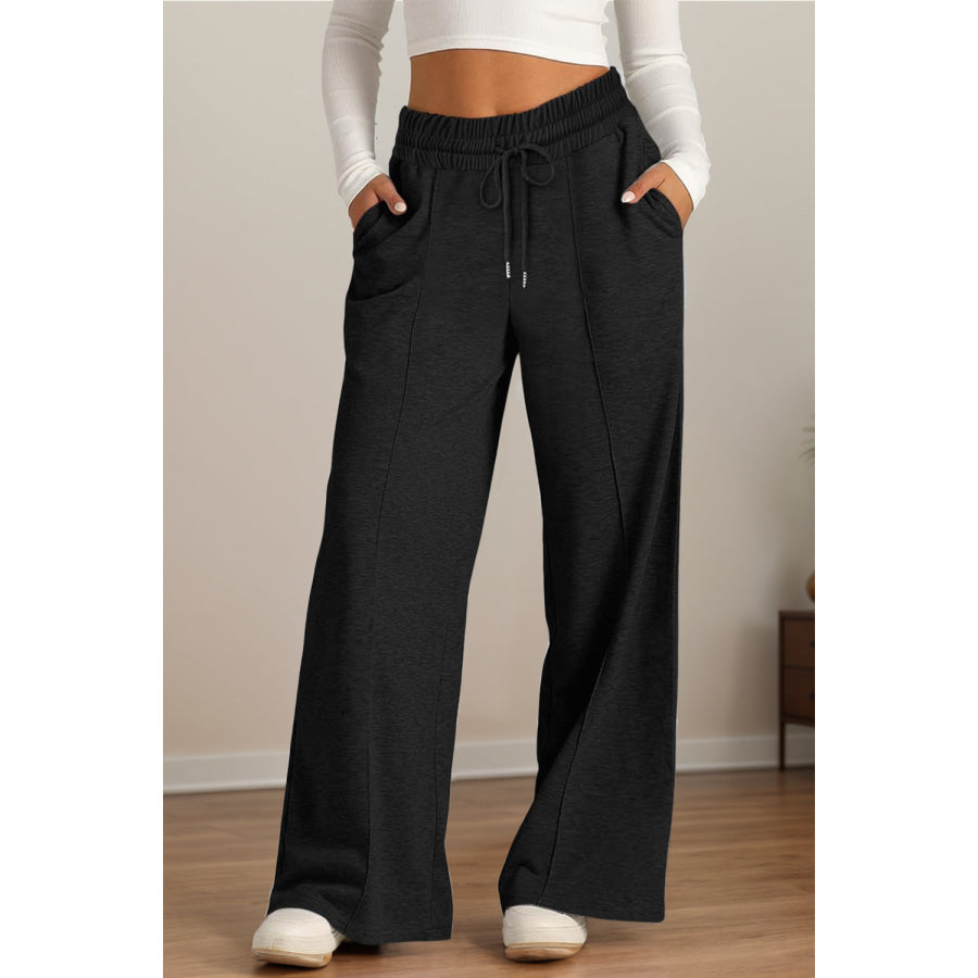 Drawstring Elastic Waist Wide Leg Pants Black / S Apparel and Accessories