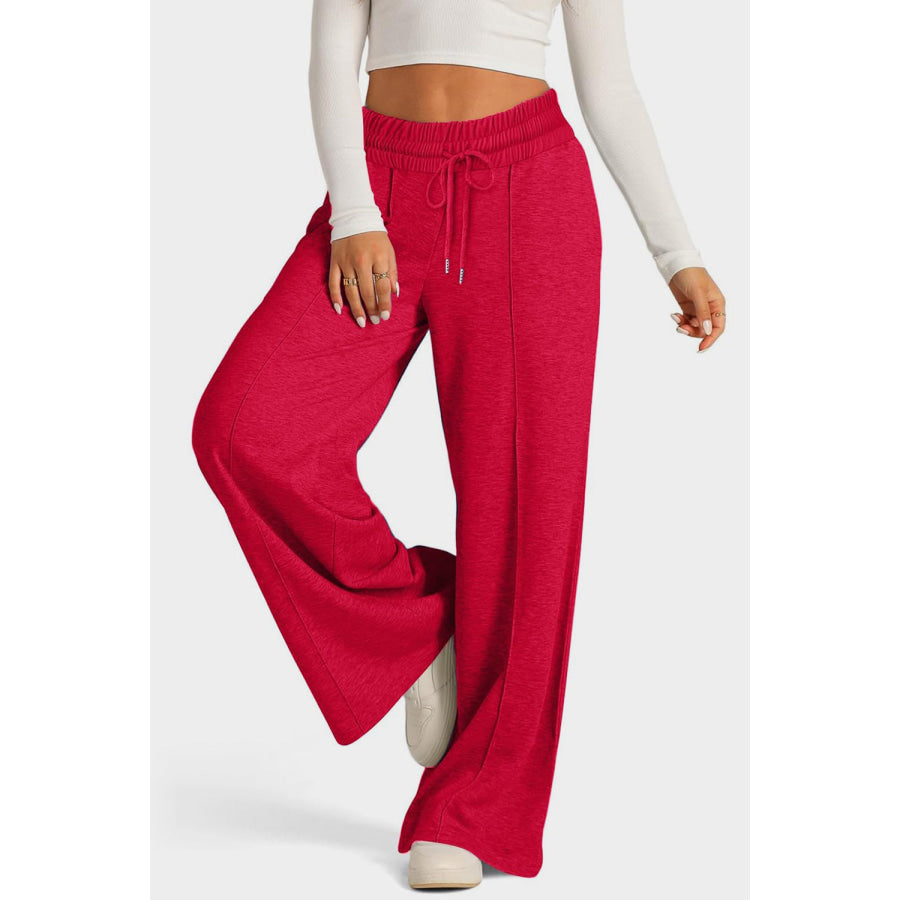 Drawstring Elastic Waist Wide Leg Pants Deep Red / S Apparel and Accessories