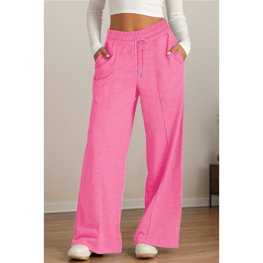 Drawstring Elastic Waist Wide Leg Pants Fuchsia Pink / S Apparel and Accessories