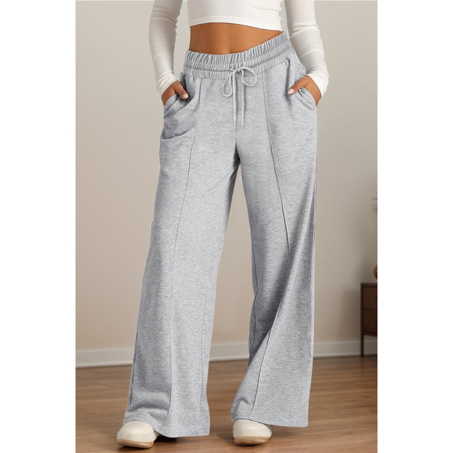 Drawstring Elastic Waist Wide Leg Pants Gray / S Apparel and Accessories