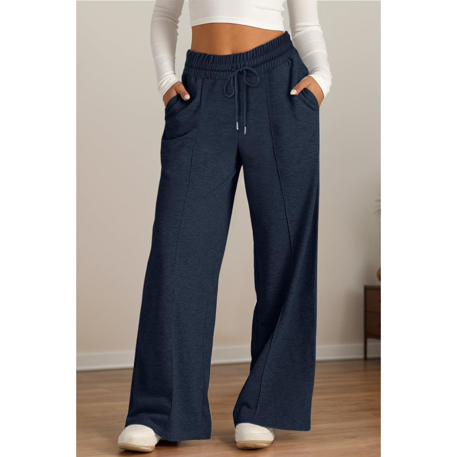 Drawstring Elastic Waist Wide Leg Pants Indigo / S Apparel and Accessories