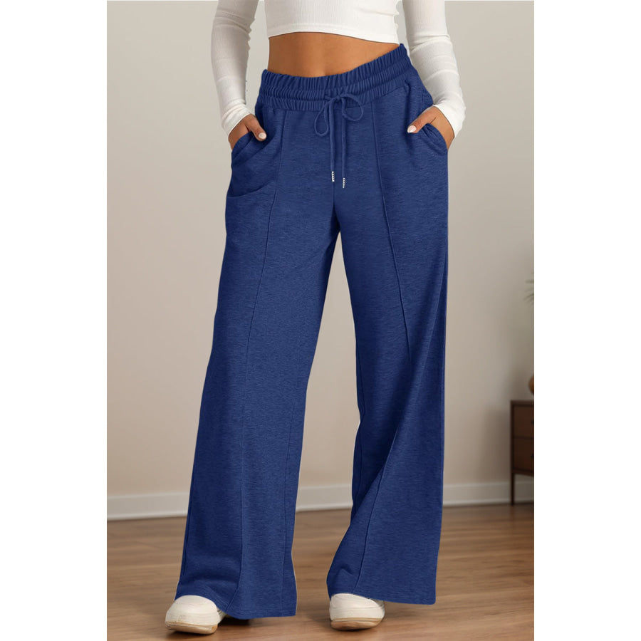 Drawstring Elastic Waist Wide Leg Pants Navy / S Apparel and Accessories