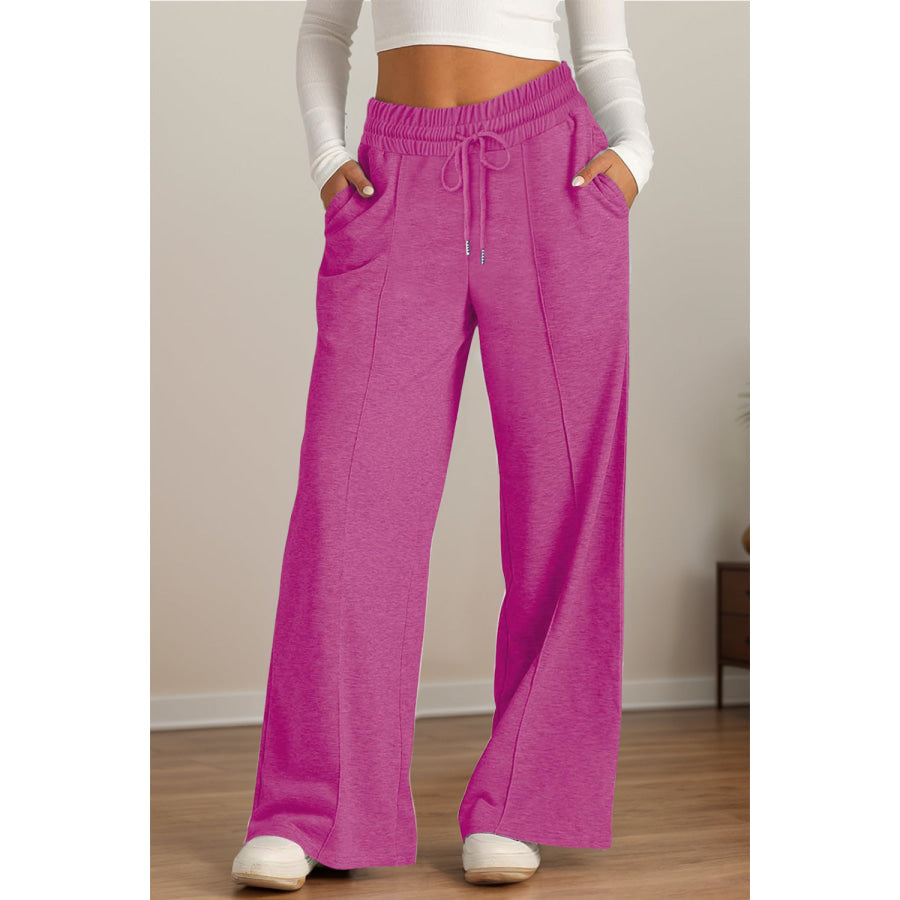 Drawstring Elastic Waist Wide Leg Pants Red-Violet / S Apparel and Accessories