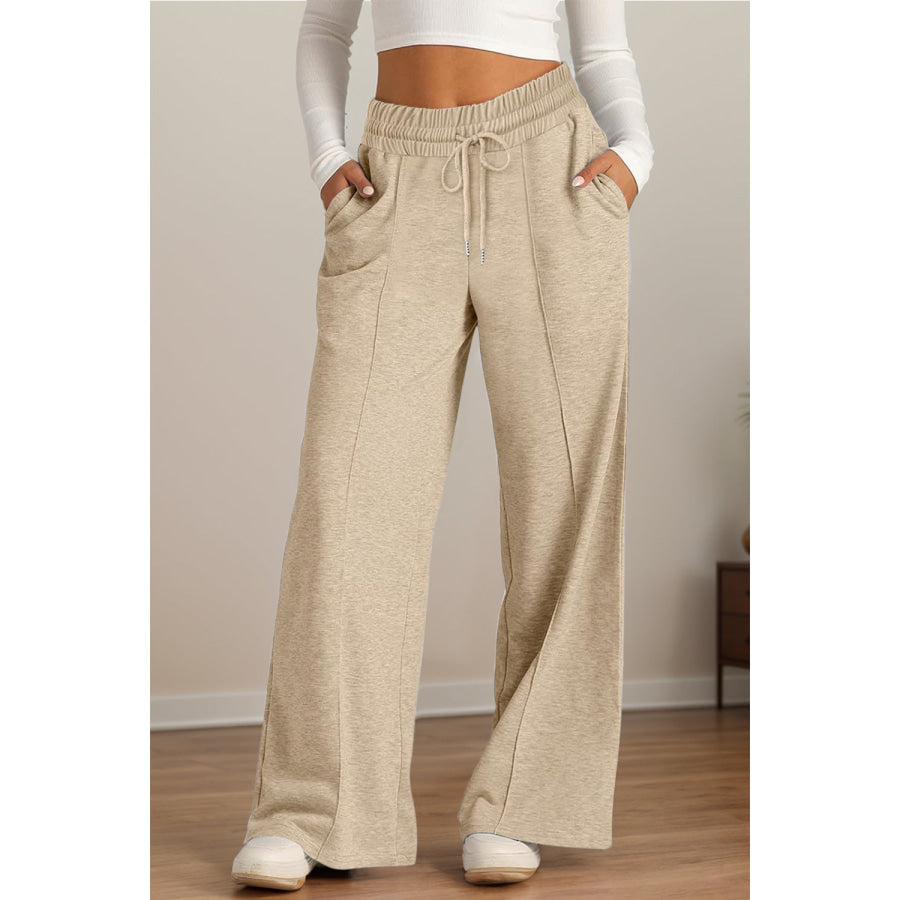 Drawstring Elastic Waist Wide Leg Pants Tan / S Apparel and Accessories