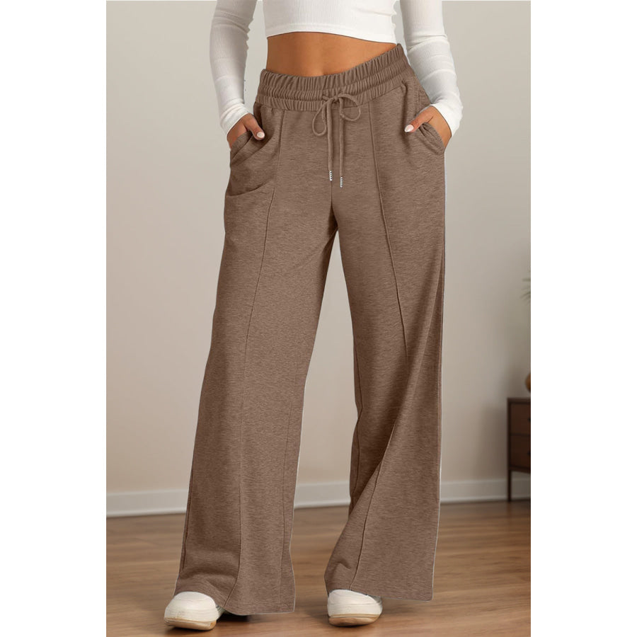 Drawstring Elastic Waist Wide Leg Pants Taupe / S Apparel and Accessories