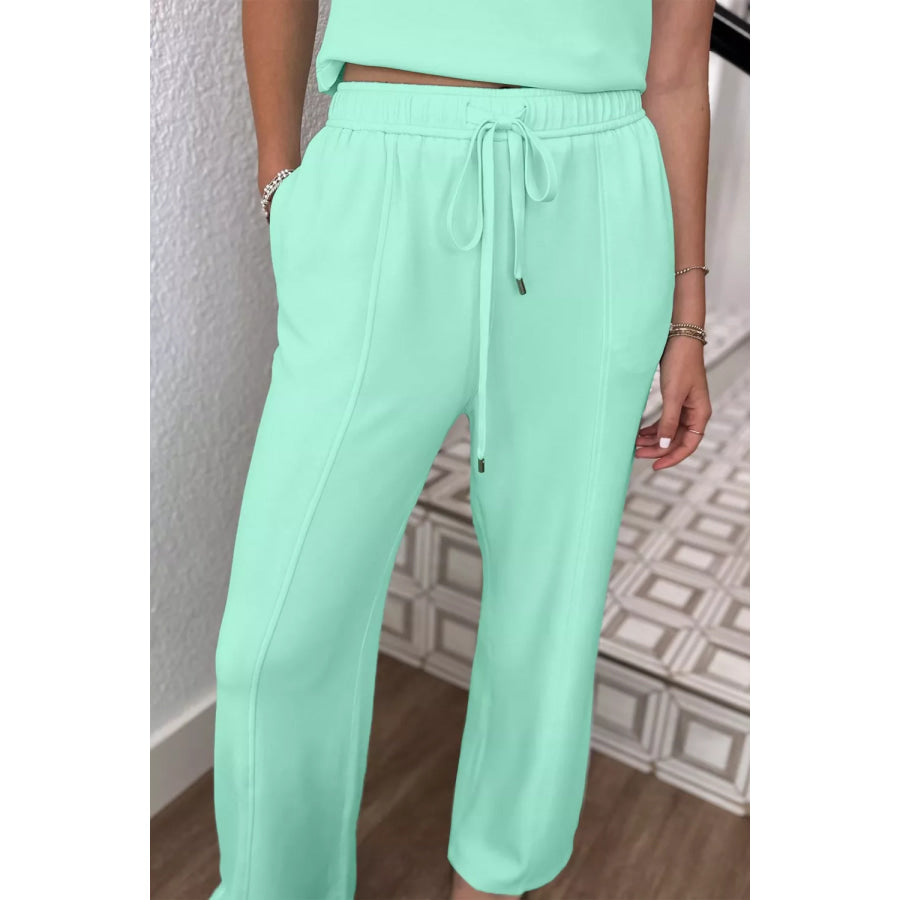 Drawstring Elastic Waistband Solid Color Two Piece Casual Set Apparel and Accessories