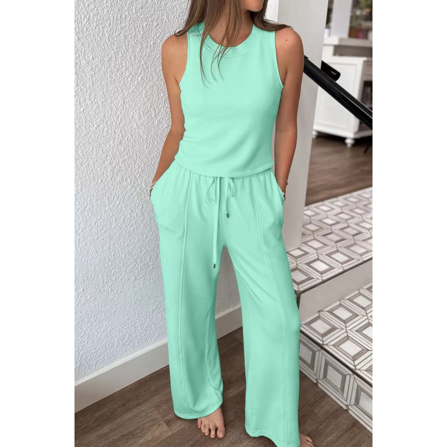 Drawstring Elastic Waistband Solid Color Two Piece Casual Set Gum Leaf / S Apparel and Accessories