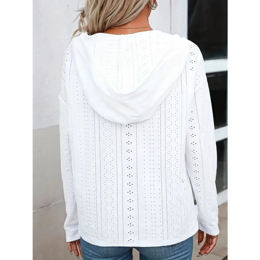 Drawstring Eyelet Long Sleeve Hoodie White / S Apparel and Accessories