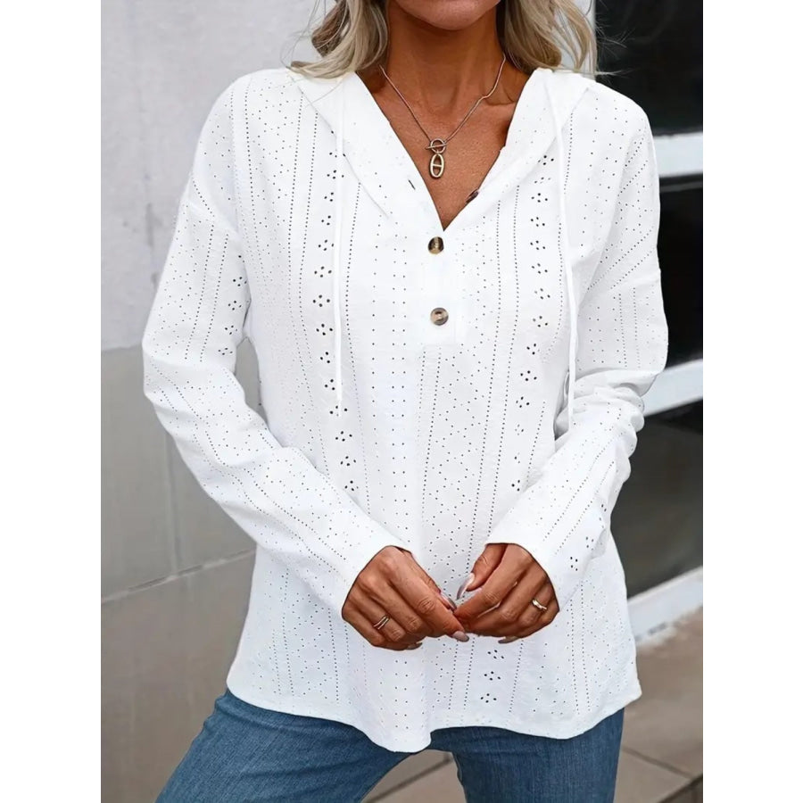 Drawstring Eyelet Long Sleeve Hoodie White / S Apparel and Accessories