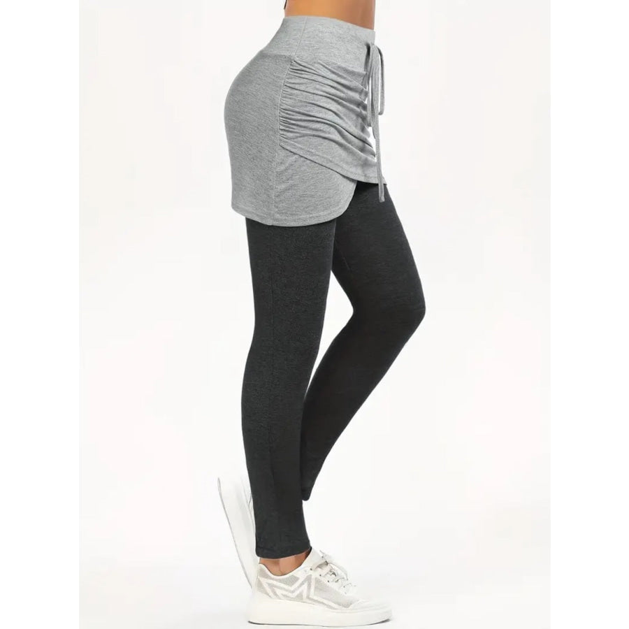 Drawstring Fake Two Pieces Active Leggings with Ruched Skirt Apparel and Accessories