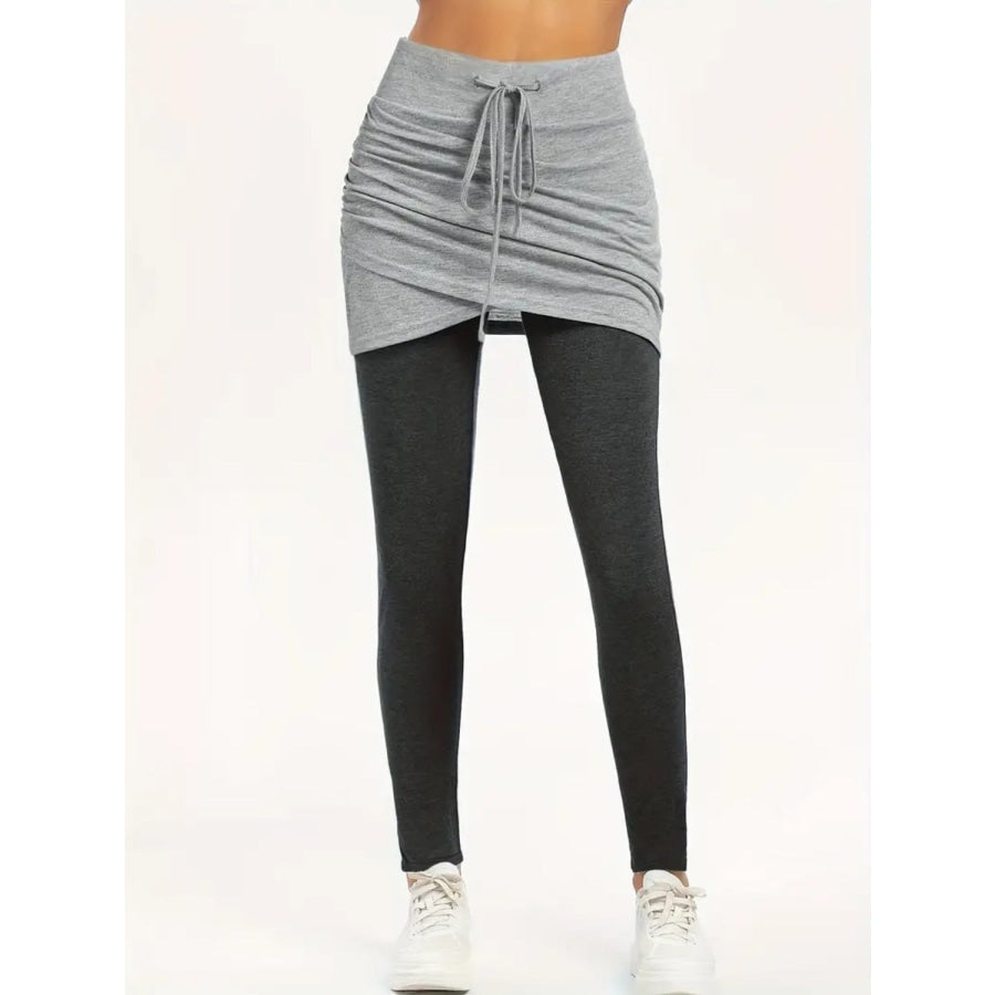 Drawstring Fake Two Pieces Active Leggings with Ruched Skirt Black / S Apparel and Accessories