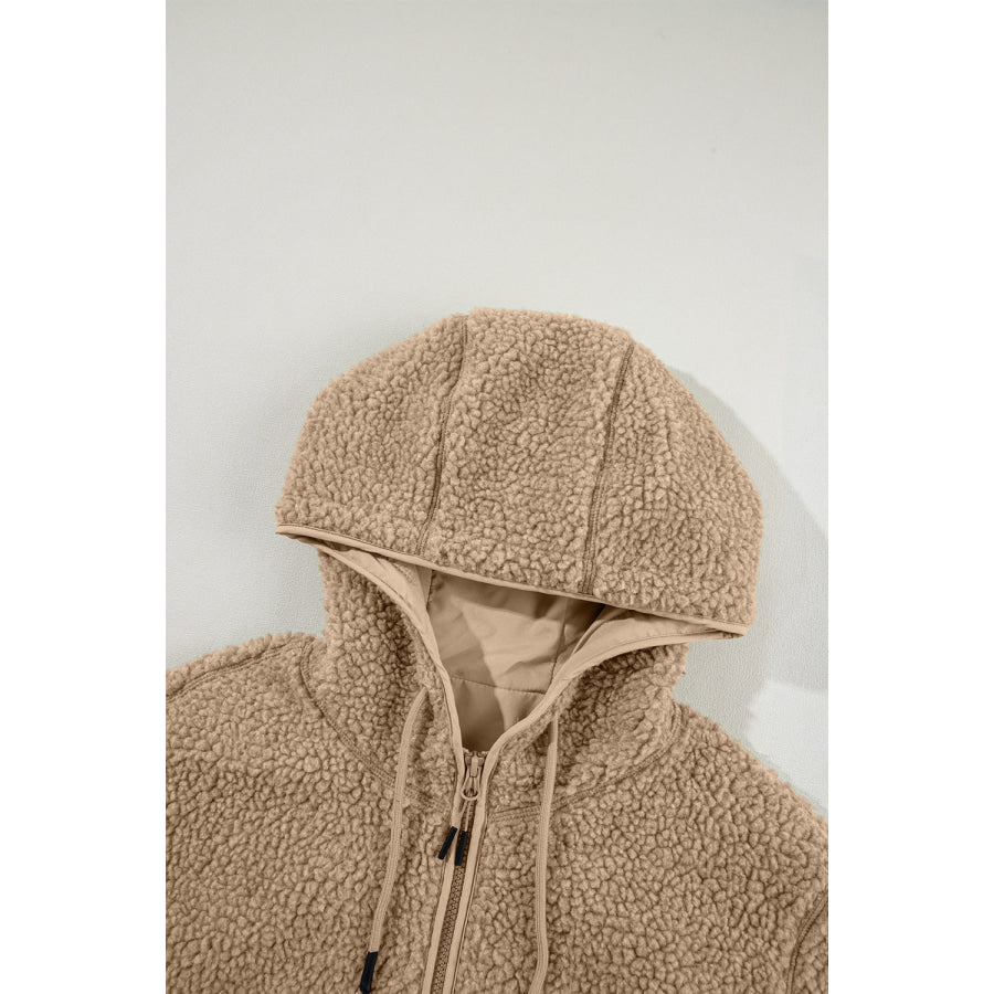 Drawstring Fleece Zip Up Hooded Jacket Apparel and Accessories