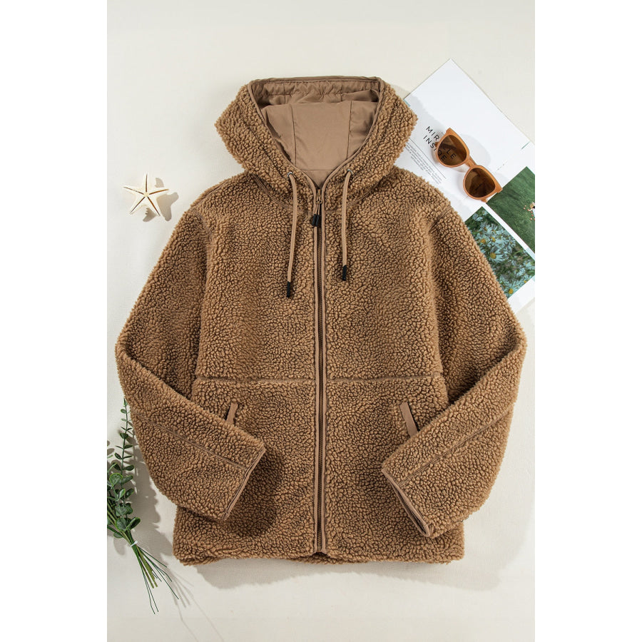 Drawstring Fleece Zip Up Hooded Jacket Apparel and Accessories