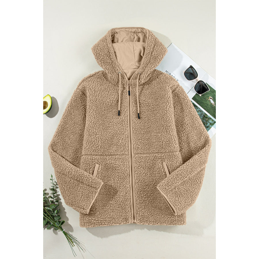 Drawstring Fleece Zip Up Hooded Jacket Apparel and Accessories