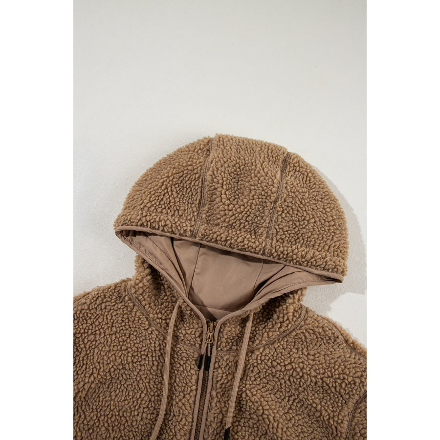 Drawstring Fleece Zip Up Hooded Jacket Apparel and Accessories